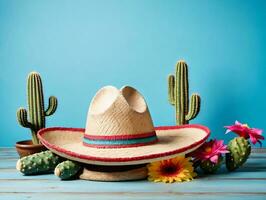 ein Stroh Hut mit ein Kaktus und Blumen. ai generiert foto