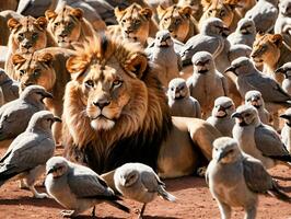 ein Löwe umgeben durch viele Vögel. ai generiert foto
