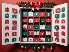 ein rot und Grün Advent Kalender. ai generiert foto