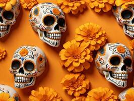 ein Gruppe von Schädel mit Blumen auf ein Orange Hintergrund. ai generiert foto