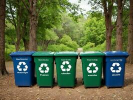 drei Grün Müll Mülleimer. ai generiert foto