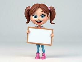 3d Karikatur Mädchen halten ein leer unterzeichnen. ai generiert foto