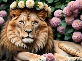 ein Löwe Verlegung Nieder mit ein Blume Krone auf es ist Kopf. ai generiert foto