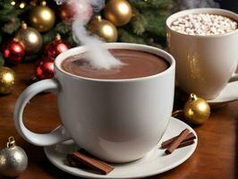 ein Tasse von heiß Schokolade mit ein klein Menge von Dampf steigend aus von Es. ai generiert foto