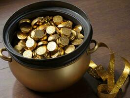 ein Topf gefüllt mit Gold Münzen Nächster zu ein Gold Bogen. ai generiert foto
