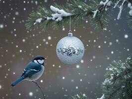 ein Vogel Sitzung auf ein Ast mit ein Weihnachten Ball. ai generiert foto