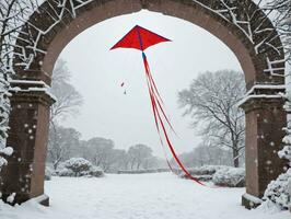 ein rot Drachen fliegend durch ein schneebedeckt Torbogen. ai generiert foto
