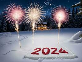 Feuerwerk im das Schnee mit ein Haus im das Hintergrund. ai generiert foto