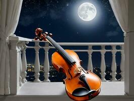 ein Violine Sitzung auf ein Balkon mit das Mond im das Hintergrund. ai generiert foto