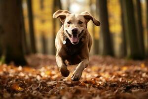 ein golden Labrador Hund läuft durch Herbst Blätter. ai generiert foto