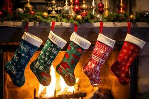 Weihnachten Socken hängend auf das Kamin. ai generiert foto
