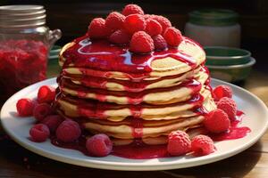 Pfannkuchen mit Himbeeren im ein Platte. ai generiert foto