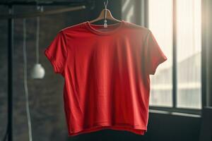 ein rot T-Shirt ist hängend auf ein Aufhänger im das Zimmer in der Nähe von das Fenster. ai generiert foto
