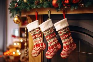 Weihnachten Socken sind hängend in der Nähe von das Vorderseite Tür. ai generiert foto