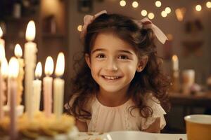 glücklich Mädchen weht aus Kerzen auf ein Geburtstag Kuchen. KI-generiert foto