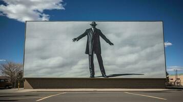 ein stilvoll Mann im ein passen und Hut auf ein Plakatwand ai generiert foto