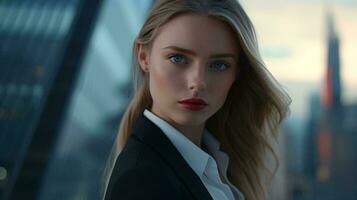 ein Fachmann Frau im ein stilvoll passen mit blond Haar und fesselnd Blau Augen ai generiert foto