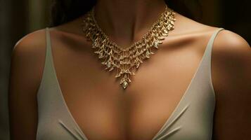 ein Frau mit ein atemberaubend Gold Halskette akzentuierend ihr Schönheit ai generiert foto