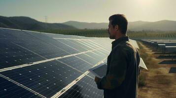 ein Mann Stehen im Vorderseite von ein Solar- Panel ai generiert foto