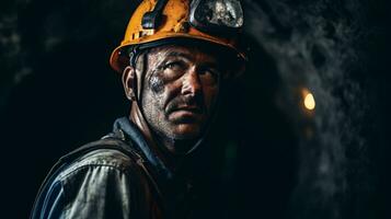 ein Mann im ein schwer Hut Arbeiten im ein Kohle Bergwerk ai generiert foto