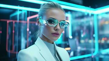 ein stilvoll Frau tragen futuristisch Brille und ein glatt passen ai generiert foto