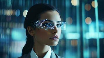 ein Frau tragen futuristisch Brille im ein dunkel Zimmer ai generiert foto