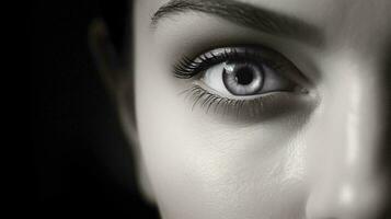 ein faszinierend Nahansicht von ein Frau fesselnd Blau Auge ai generiert foto
