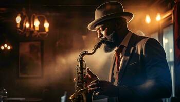 ein Musiker leidenschaftlich spielen das Saxophon im ein launisch Atmosphäre ai generiert foto