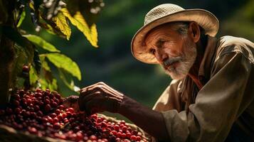 ein Mann im ein Stroh Hut pflücken frisch Beeren von ein Behälter ai generiert foto