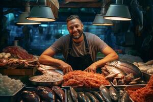 ein Mann bewundern ein Anzeige von frisch Meeresfrüchte beim ein Markt ai generiert foto