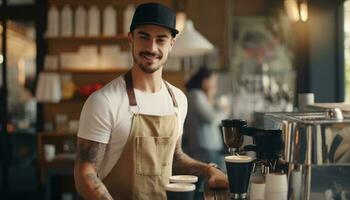 Foto von ein Mann vorbereiten ein Tasse von Kaffee im seine Schürze ai generiert