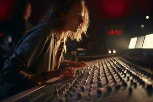 Foto von ein Frau beim ein Musik- Studio Mischen Schreibtisch ai generiert