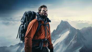 Foto von ein Wanderer Stehen triumphierend auf ein Berg Gipfel, mit Blick auf atemberaubend Landschaft ai generiert