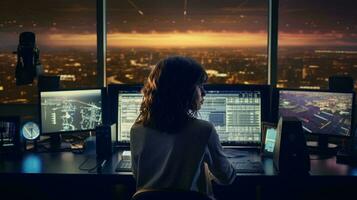 Foto von ein Frau Arbeiten beim ein Schreibtisch mit mehrere Computer Monitore ai generiert