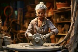 Foto von ein Frau Erstellen Keramik auf ein Rad im ein beschwingt Keramik Geschäft ai generiert