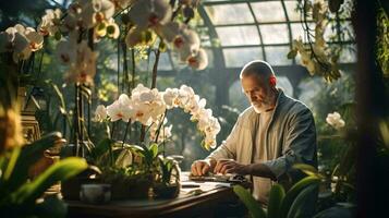 Foto von ein Mann neigen zu ein beschwingt Array von Blumen im ein Gewächshaus ai generiert