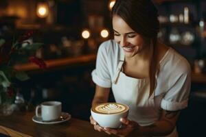 ein Frau genießen ein Tasse von Kaffee beim ein Cafe ai generiert foto