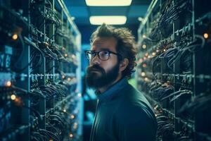 ein Mann im ein Server Zimmer mit Bart und Brille ai generiert foto