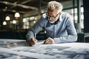 ein Mann Sitzung beim ein Tabelle mit ein Stift und Papier ai generiert foto