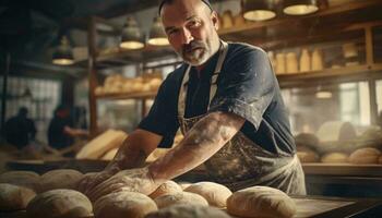 ein Bäcker vorbereiten Teig zum Brot im ein geschäftig Bäckerei ai generiert foto
