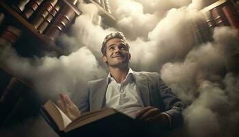 ein Mann eingetaucht im ein Wolke von Rauch, vertieft im ein Buch ai generiert foto