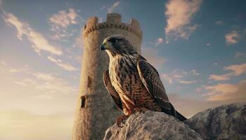 ein Vogel thront auf ein Felsen mit ein majestätisch Schloss im das Hintergrund ai generiert foto