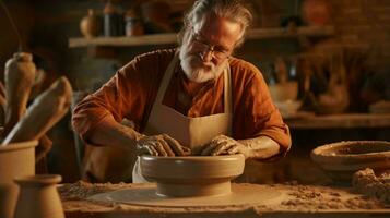ein Töpfer beim Arbeit auf ein Keramik Rad im ein geschäftig Keramik Geschäft ai generiert foto