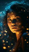 ein Frau mit fließend Haar beleuchtet durch glühend Beleuchtung ai generiert foto
