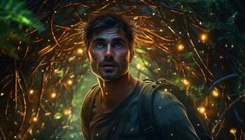 ein Mann umgeben durch beleuchtet Bäume im ein mystisch Wald ai generiert foto