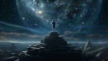 ein Mann Stehen auf oben von ein Berg unter ein voller Sterne Himmel ai generiert foto