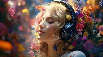 ein Frau tragen Kopfhörer und genießen Musik- ai generiert foto