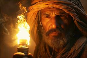 ein Mann im ein Turban halten ein zündete Kerze ai generiert foto