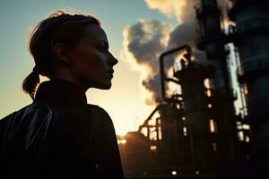 ein Frau Stehen im Vorderseite von ein Fabrik ai generiert foto