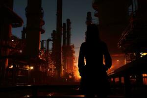 ein Mann Stehen im Vorderseite von ein Fabrik beim Nacht ai generiert foto
